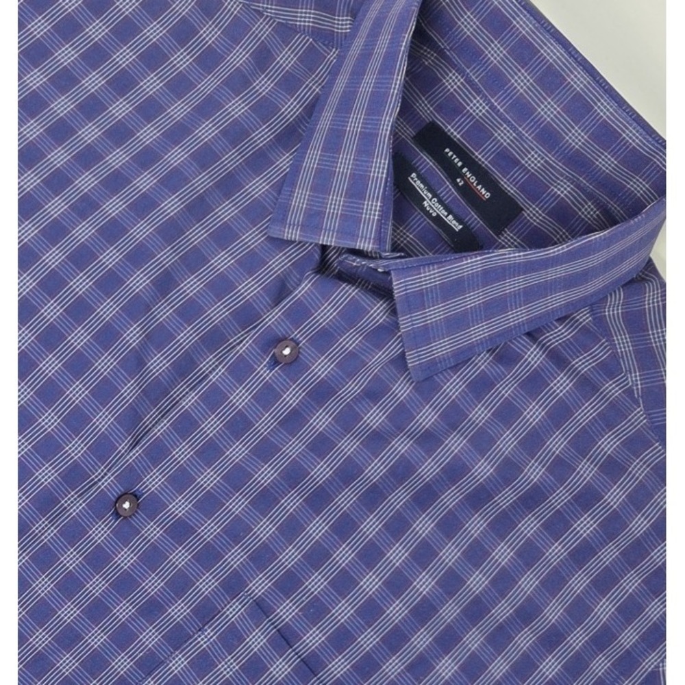 Peter England Shirt Mens 42 Large Purple Plaid Button Up‎ Nuvo Fit Short Sleeve